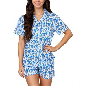 Womens Monkey Pajamas Set 2 Piece Button Down medium Shorts Set blue